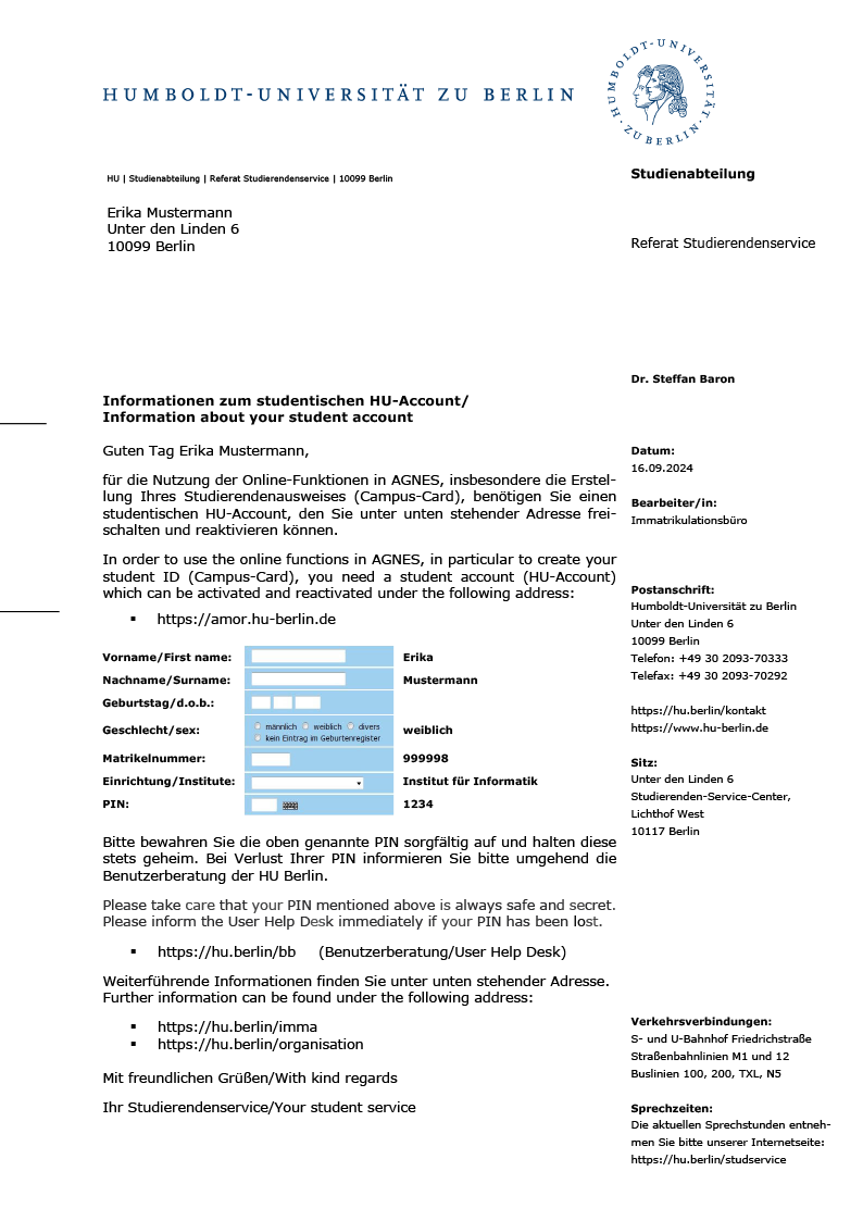 Beispiel eines PIN-Briefes